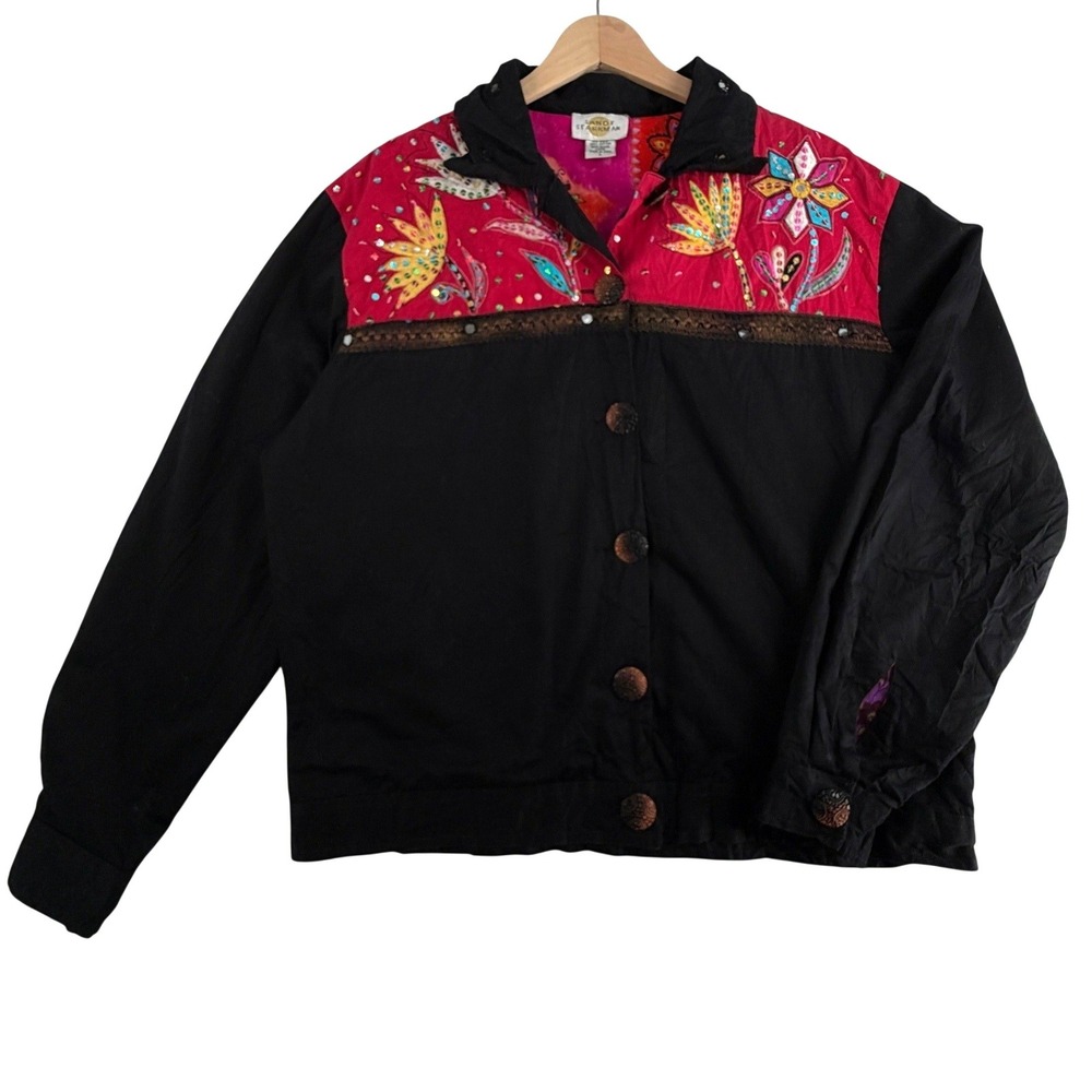Sandy Starkman Jacket Womens Large Black Red Good Embroidered Sequin Art to Wear